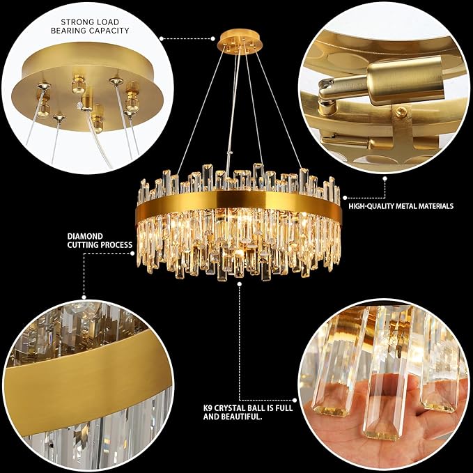 16 Light Gold Crystal Chandelier | Dia 24" Modern Round Crystal Chandeliers for Dining Room | Luxury Ceiling Light Fixture for Living Room | Bedroom | Entryway | Kitchen Island | Foyer