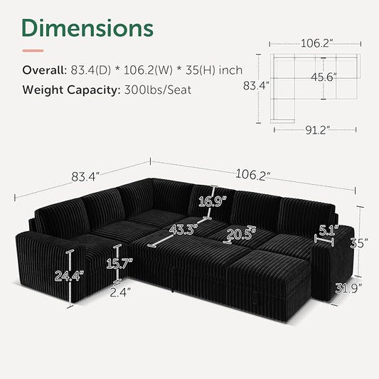 HONBAY Modular Sectional Sleeper Sofa with Pull Out Bed,Corduroy U Shaped Couch with Storage, Sectional Couches for Living Room,Black
