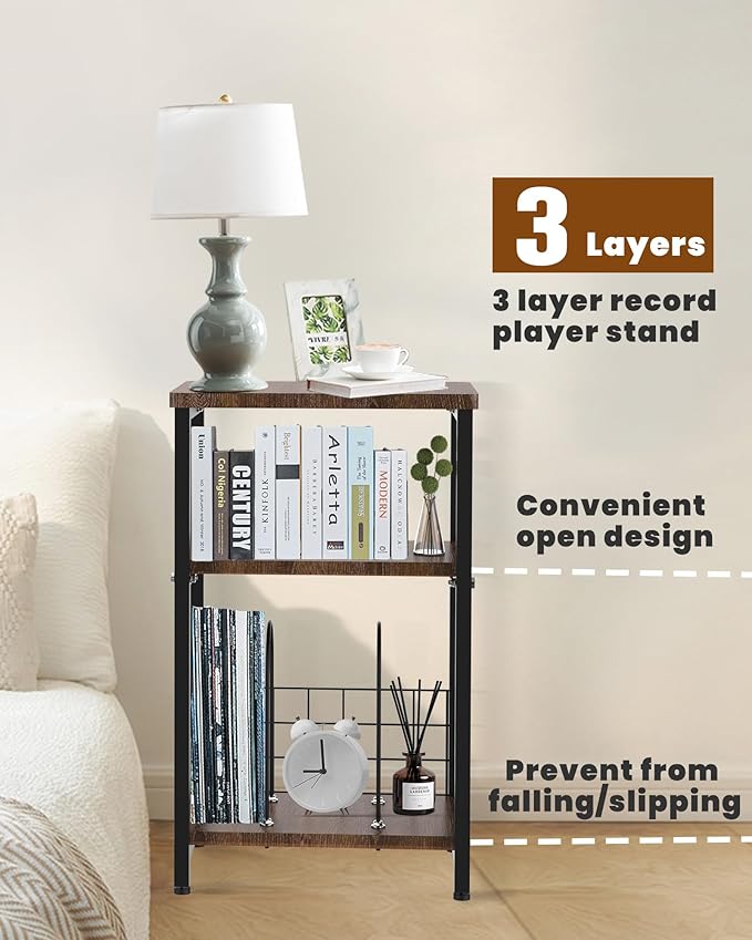 Record Player Stand, 3 Tier Side End Table with Vinyl Record Storage Basket, Turntable up to 100 Albums Record Shelf Display Holder Cabinet for Living Room, Bedroom, Office, Black