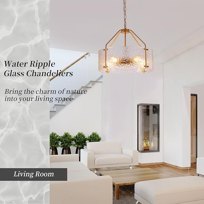 Glass Drum Gold Chandelier for Dining Room 20'' Entryway Light Fixture 5-Light Kitchen Chandeliers Over Table Bedroom Light Fixture for Living Room Hallway Foyer Kitchen