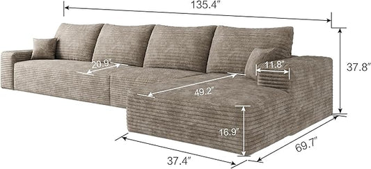 135" Corduroy Couch Sectional with Chaise, L Shape Boneless Cloud Couches for Living Room Bedroom, Fluffy Deep Seat Compression Sofa, Modular Corner Couch No Assembly, Right Facing Chaise, Camel