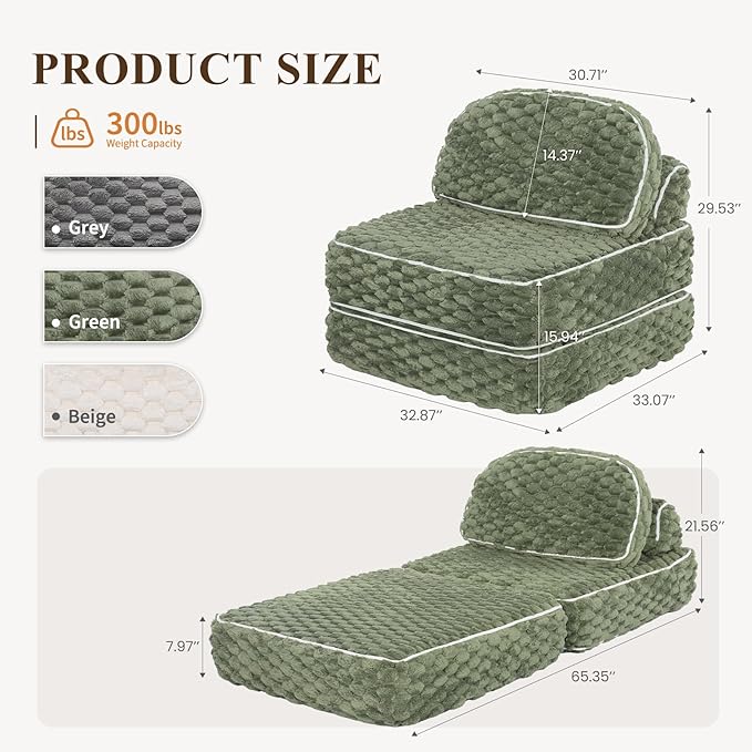 COLAMY Folding Sofa Bed, 3-in-1 Convertible Sleeper Chairs with Pillow,Back Support, Fuzzy Fabric Floor Couch Bed for Adults, Boneless Couches Living Room, Bedroom, Apartment, Green