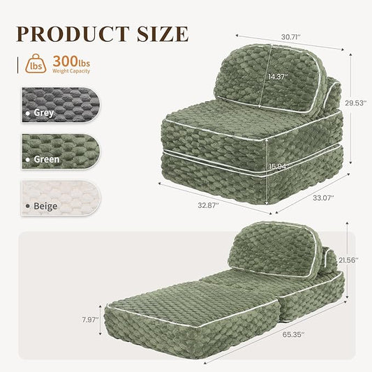 COLAMY Folding Sofa Bed, 3-in-1 Convertible Sleeper Chairs with Pillow,Back Support, Fuzzy Fabric Floor Couch Bed for Adults, Boneless Couches Living Room, Bedroom, Apartment, Green