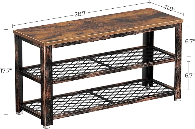 Rolanstar Shoe Bench, 3-Tier Shoe Rack, 28.7” Storage Entry Bench with Mesh Shelves Wood Seat, Rustic Foyer Bench for Hallway Front Door, Doorway, Living Room, Mudroom, Steel Frame, Rustic Brown