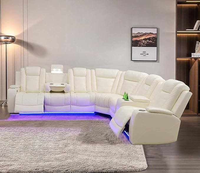 Power Recliner Sofa Sectional Couches with LED Light,Leather Reclining Corner Sectional Sofa Set with 3 Recliner Seats,Cup Holders,Storage Console for Living Room,Creamy