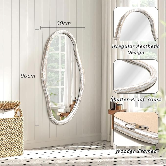 JJUUYOU Asymmetrical Mirror Modern Irregular 36"x24" Wall Mounted Mirror with Wooden Frame for Bathroom Bedroom Living Room Hallway Large Mirrors White