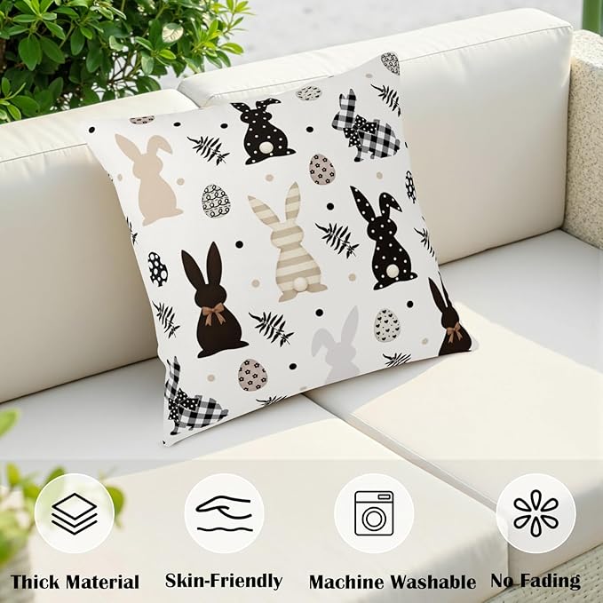 Easter Outdoor Bunny Pillow Covers 20x20 Set of 2 Black White Polka Dot Rabbit Eggs Pillow Case Farmhouse Holiday Cushion Covers for Sofa Couch Home Decor
