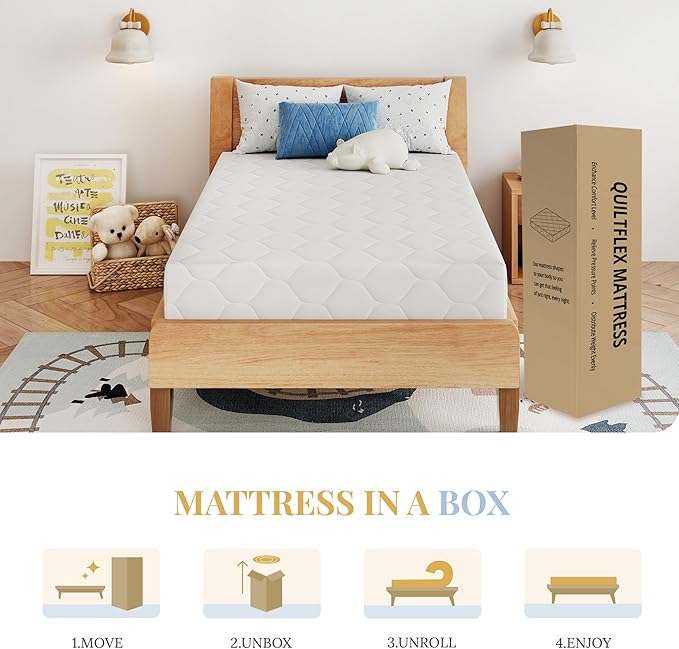 6 Inch Twin Size Memory Foam Mattress in a Box for Kids, Relieve Pressure with Medium Firm Support, Fiberglass Free, CertiPUR-US Certified