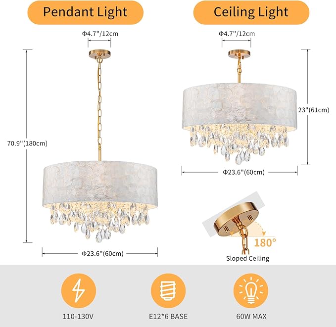 X-Large 6-Light Drum Capiz Shell Crystal Chandeliers, Coastal Style Pendant Light Fixture for Dining Room, Living Room, D24 x H23~71 inch(Adjustable), Shell Lampshade & Gold Finish