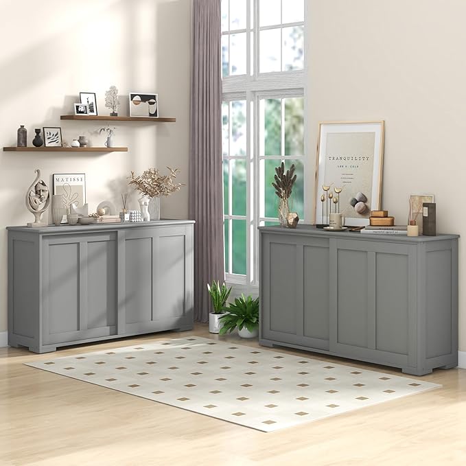 Giantex Set of 2 Buffet Cabinet, Coffee Bar Wine Cabinet, Farmhouse Accent Sideboard with Sliding Door, Adjustable Shelves, Cupboard, Storage Cabinet for Kitchen Entryway, Grey