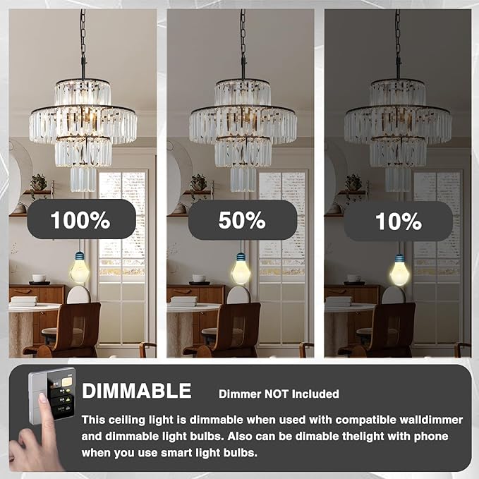Black Crystal Chandelier, 7-Light 4 Tiers 19.68" Crystal Light, Adjustable Hanging Metal Ceiling Lighting Fixture, Modern Foyer Dining Room Chandeliers for Bedroom,Hallway,Kitchen