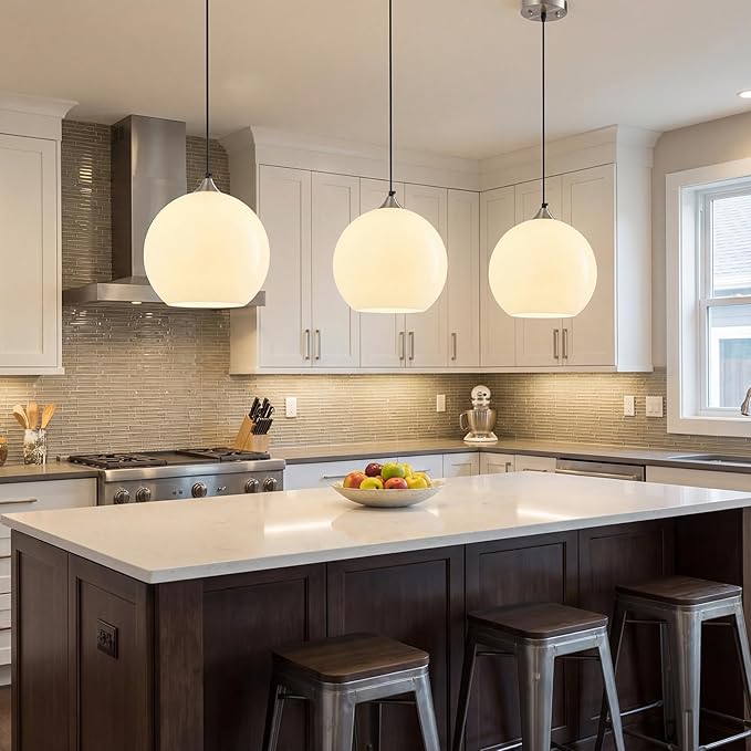 Milky Luster Glass Pendant Lights Kitchen Island Globe Pendant Light Fixtures Modern Pendant Lighting for Bedroom Living Dining Room Light Fixture (9.84 in, 3 Pack)