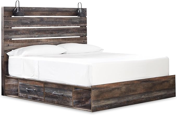 Signature Design by Ashley Drystan Rustic King Panel Platform Bed with 2 Storage Drawers, Open Cubbies, Sconce LED Lights and USB Ports, Foundation or Box Spring Not Needed, Dark Brown & Gray