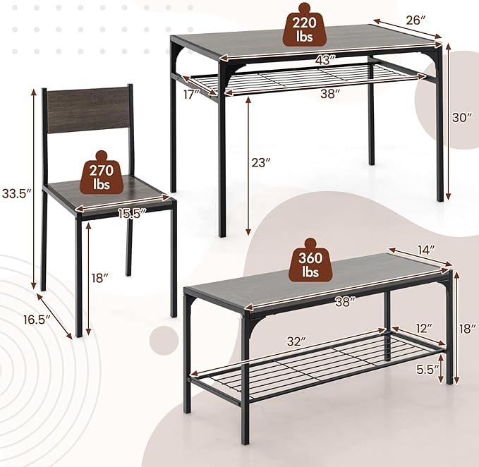 COSTWAY 4 Pieces Dining Table Set, Kitchen Table and 2 Chairs for 4 with Bench, Storage Racks, Metal Frame & Space-saving Design, Industrial Kitchen Table Set for Small Space, Apartment (Black & Grey)