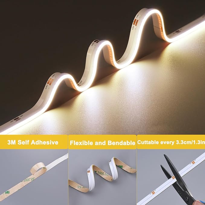 TOPAI Side Emitting 24V COB LED Strip Natural White 4000K 16.4ft Dotless 480LED/M High Density CRI>90 Self Adhesive Cuttable Flexible 8mm Width LED Tape for Home, Office DIY Lighting