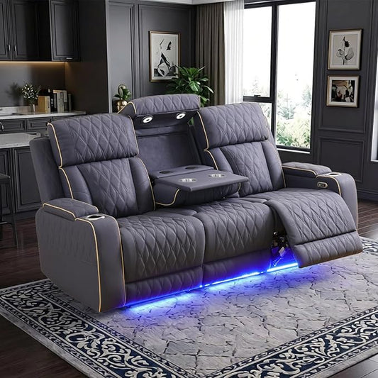 Power Leather Reclining Sofa with LED Light,Double Recliner Sofa with Drop Down Coffee Table/USB Port/Storage,3 Seater Leather Couch for Living Room Furniture Sets(3 Seats,Matte Navy)