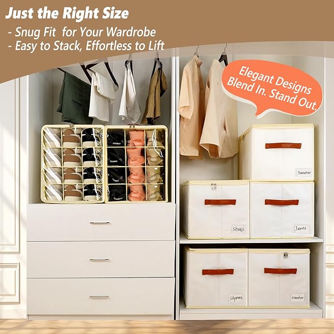 2 Pack Shoe Storage Box Organizer for Closet - 24 Cell Space Saver Shoes Containers Bin with Clear Lids Stackable, Can Fit Ottoman, Foldable Shoe Rack Cabinet Cubby for Wardrobe