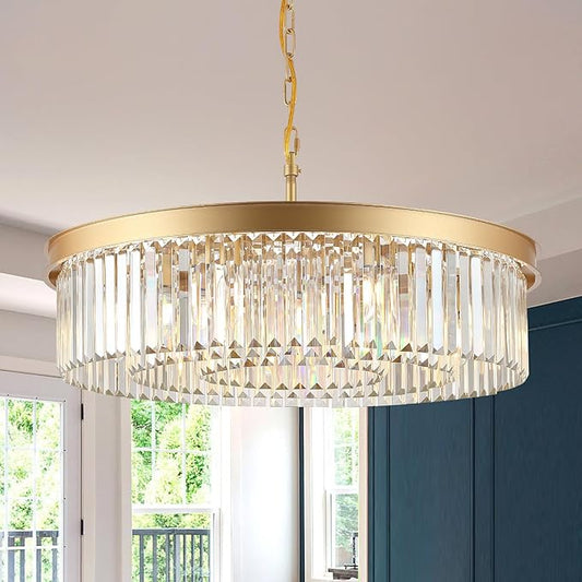 Gold Crystal Chandeliers 30" Modern Round Chandelier 12-Lights 3-Tier Crystal Ceiling Chandelier Light Fixture Brass Luxury Crystals Chandeliers for Dining Room High Ceilings Entryway Foyer