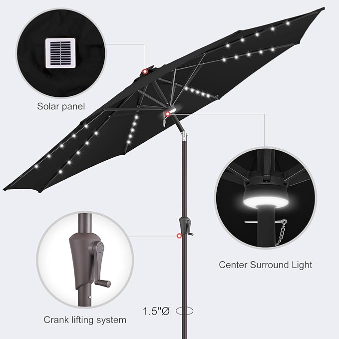 10FT Solar Umbrella Outdoor - Lighted Solar Patio Umbrella with 40 LED Lights Waterprool UV Protection, Table Umbrella with Tilt for Pool, Porch, Garden, Deck, Backyard (Black)