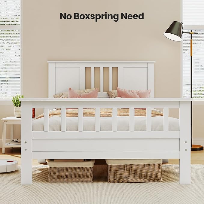 DUMOS Metal Platform Bed Frame - Twin Size Mattress Foundation with Headboard and and Footboard, No Box Spring Needed with 350LBS Sturdy Wooden Slats Support, Noise Free, White