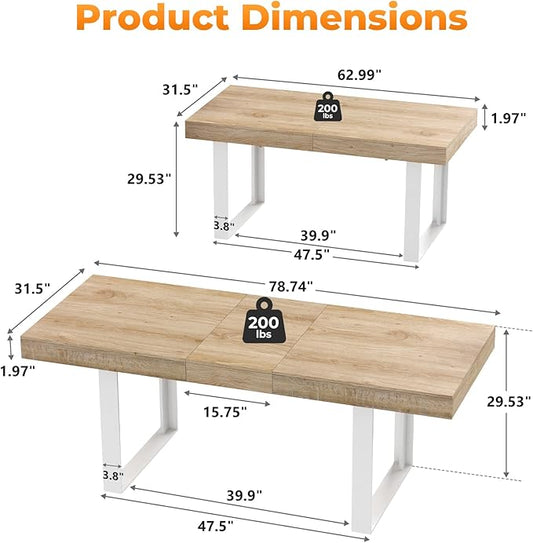 63"-78.7" Expandable Dining Table, 6-10 Extendable Dining Table, Rectangle Conference Table, Farmhouse Kitchen Table with Slide Track, Tapered U-Shaped Wood Legs for Office, Living Room-Oak