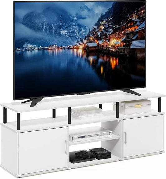 Furinno Jensen Entertainment Center Stand for TV up to 70 Inch, Plastic Pole, Solid White/Black