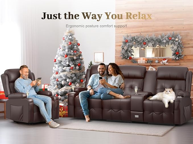 Recliner Sofa, 3 Seater Massage Reclining Loveseat Sofa Sets, 1 Single Power Recliner Chairs Heat & Massage, Heavy Weight Capacity, RV Clearance Love Seat Couch with Console, USB, Type C Port