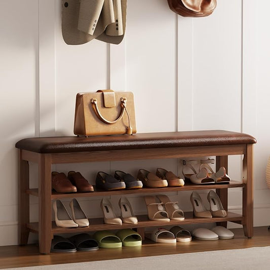 AQIMUELE Wood Shoe Rack Bench for Entryway, Shoe Rack for Front Door Entrance with Leather Cushion, 2 Tier Shoe Bench with Shoe Storage for Entryway, Bedroom.