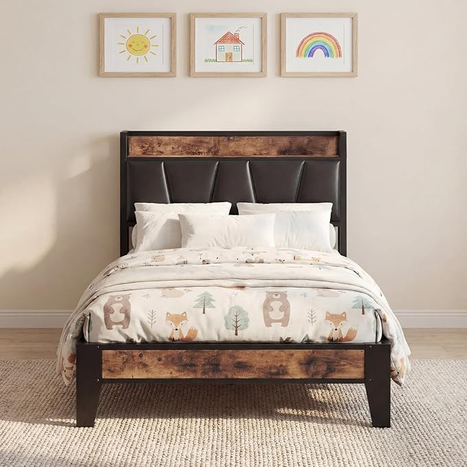 LIKIMIO Twin Bed Frame, Storage Headboard with Charging Station, Solid and Stable, Noise Free, No Box Spring Needed, Easy Assembly (Vintage and Black)