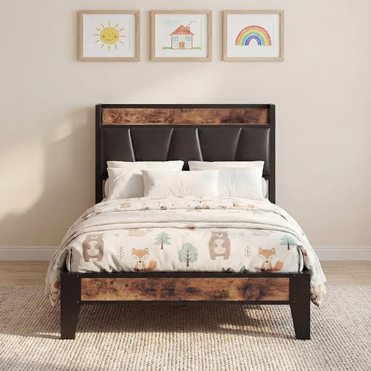 LIKIMIO Twin Bed Frame, Storage Headboard with Charging Station, Solid and Stable, Noise Free, No Box Spring Needed, Easy Assembly (Vintage and Black)