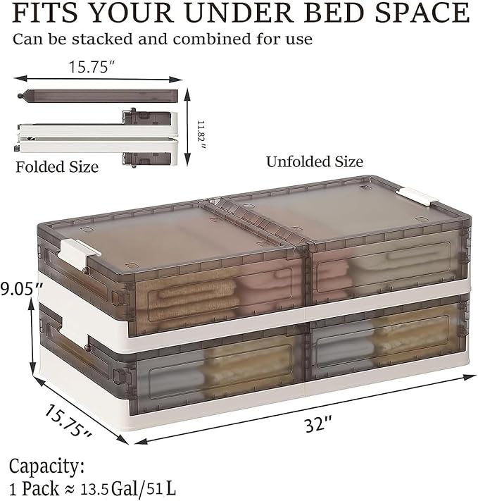Under Bed Storage Containers - 2Pack, Stackable Under Bed Rolling Storage Plastic Containers, 13.5Gal Storage Bins with Wheels, Multi-purpose Storage Bins with Lids for Clothes, Shoes, And Duvets