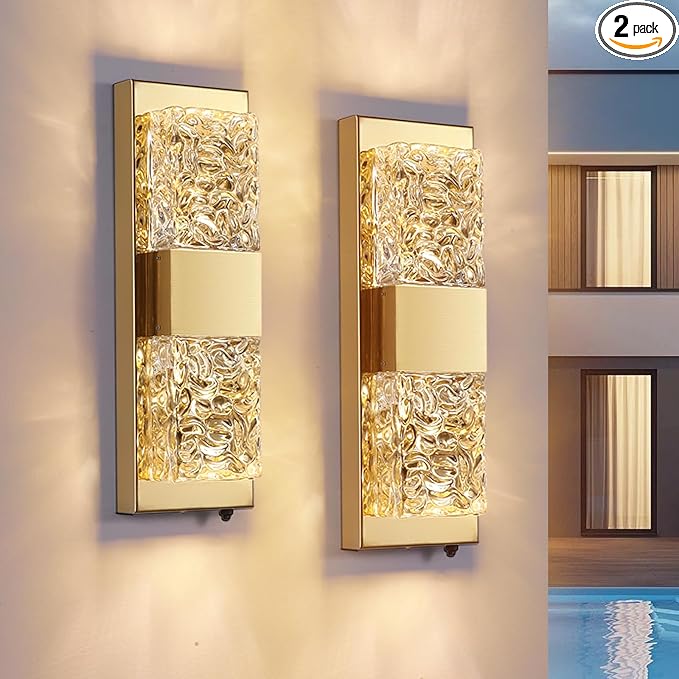Dusk to Dawn Outdoor Lighting,Porch Lights Outdoor 14.2'' IP65 Waterproof Exterior Lighting Fixtures 12W LED Crystal Modern Outside Lights for Hallway Doorway Porch Patio Backyard, Gold, 2PCS