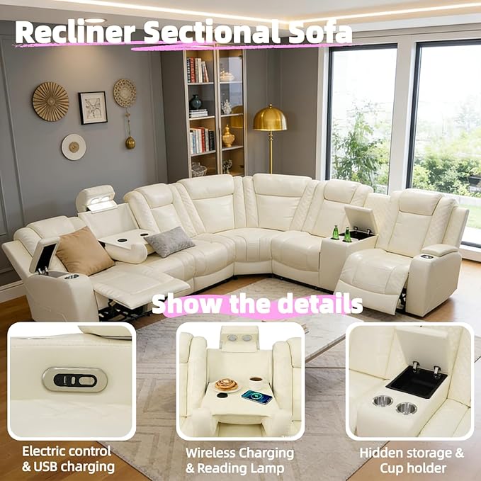 Power Reclining Sectional Sofa Set with LED, Living Room Furniture Sets, Leather Recliner Couch for Living Room/Home Theater, Sectional Couch and Chair with 3 Recliners, USB Port/Hide-Away Storage