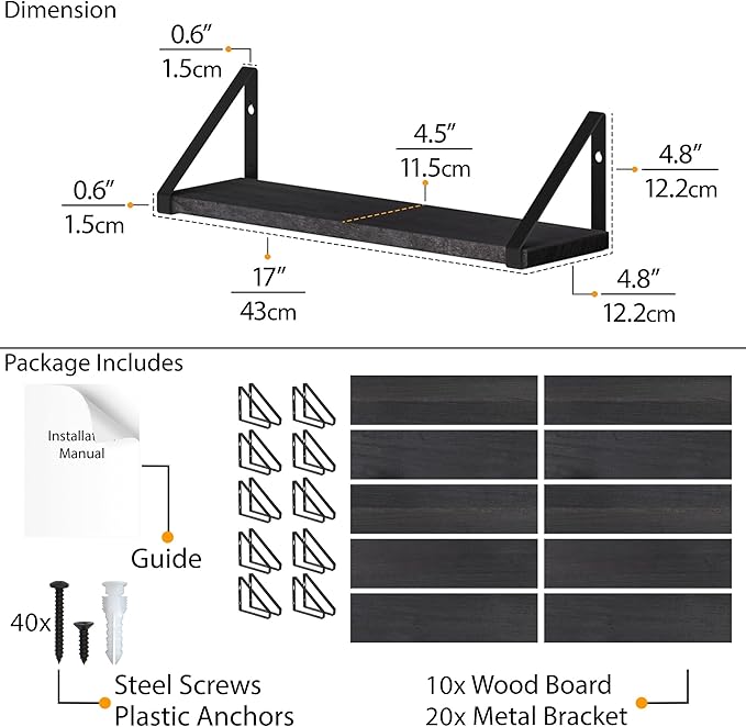 Wallniture Ponza 17'' x 4.5'' Floating Wall Shelf Bathroom, Small Wood Book Shelves for Wall Storage, Wall Mounted Shelf, Dining Room, Bedroom, Living Room, Office & Kitchen Organization, Black, 10pcs