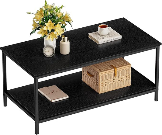 SAYGOER Black Coffee Table for Living Room Modern Rectangle 2-Tier Coffee Tables with Storage Industrial Wood Center Table for Large or Small Spaces Apartment Home Office, All Black