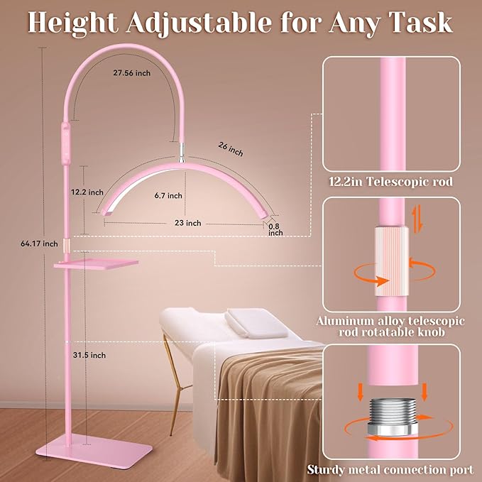Bling Lash Light for Eyelash Tech, Led Half Moon Light Lamp for Tattoo, Lash Extensions, Nail, Esthetician & Artists, Adjustable Height, with Movable Tray, Crystal Diamond