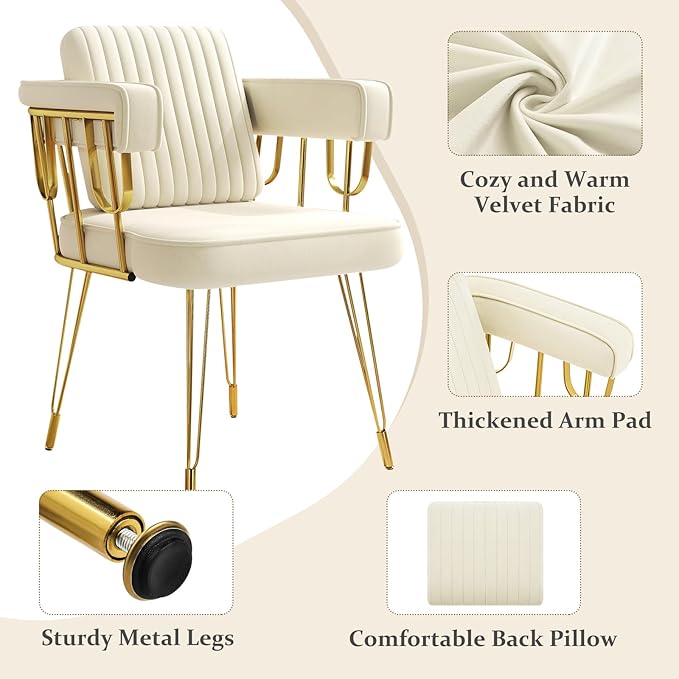 Set of 2 Vanity Chair with Back, Velvet Upholstered Accent Makeup Chairs No Wheels with Golden Legs for Modern Glam Living Room Bedroom Home Office Nail Spa, Girls & Women, Beige