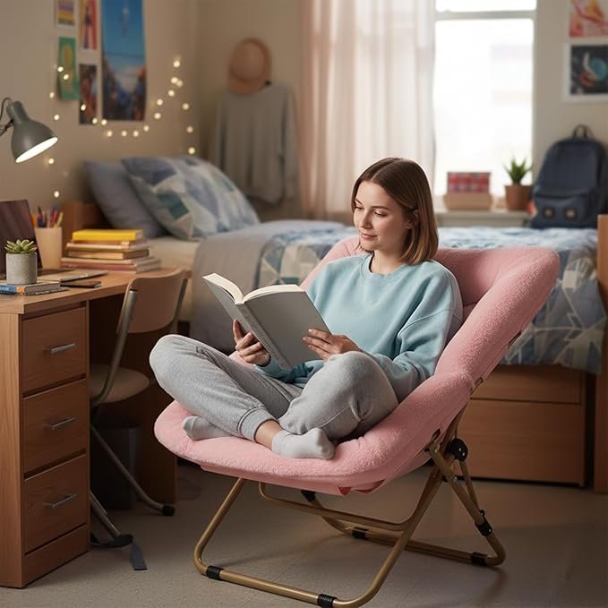 Comfy Folded Chair, Soft Faux Fur Oversized Folding Chair, Flexible Lazy Chair for Kids Girls Teens Adults, Metal Frame Moon Chair for Dorm Rooms, Bedroom, Living Room