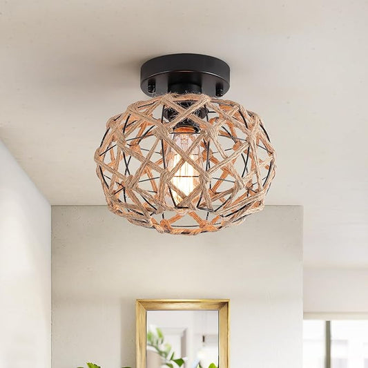 Coastal Woven Flush Mount Ceiling Light Fixture Small Boho Rustic Hemp Rope Cage Semi Flush Mount Ceiling Light for Kitchen Hallway Farmhouse Entryway Beach, Black