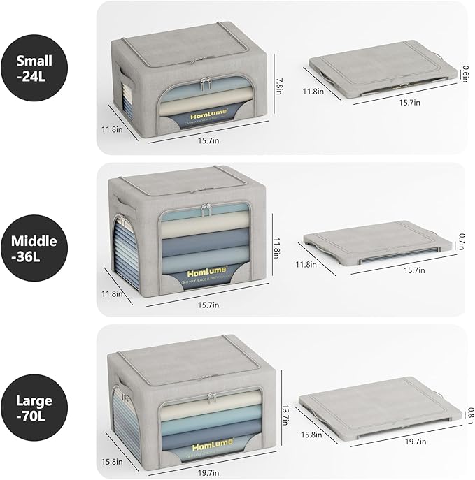 3 Packs Storage Boxes for Clothes Collapsible Storage Bins with Cedar Wood Piece, Linen with Metal Supports and Durable Handles Metal Storage box,Clear Window with Zippers (Light Grey,36L)