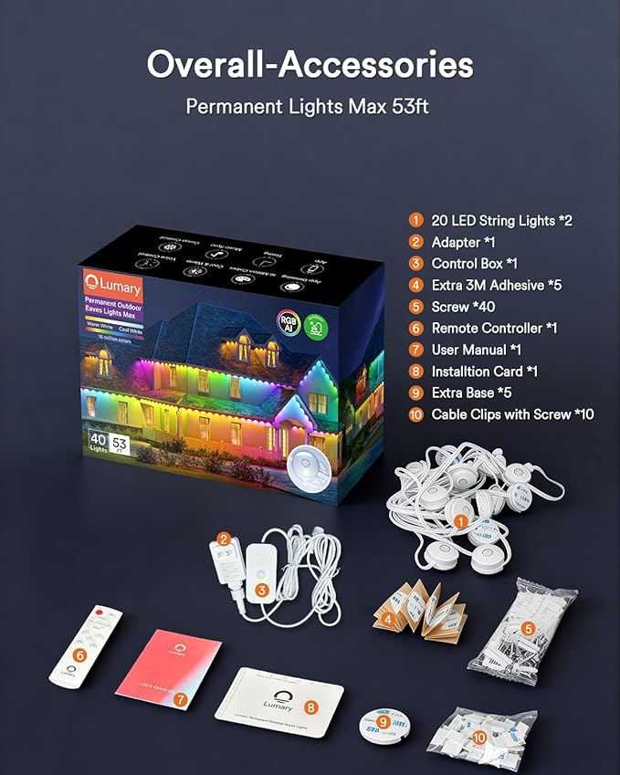 Lumary Permanent Outdoor Lights Max 53ft with 40 LED Eave Lights RGBAICW 2400LM, IP67 Waterproof, IC Control and Scene Modes for Halloween Christmas Decoration, Works with Alexa and Google Assistant