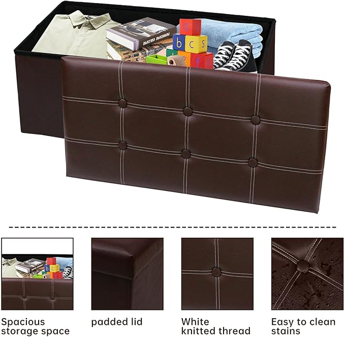 30 Inches Folding Storage Ottoman Bench, Faux Leather Footstool Ottoman, Storage Trunk Footrest for Bedroom, Living Room and Hallway, Support 350lbs, Brown (White line)
