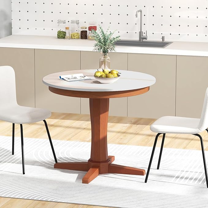 COSTWAY Round Table for 4 People, Wood Kitchen Table w/Rubber Wood Frame, Pedestal Base, Farmhouse Mid Century Dinner Table for Restaurant