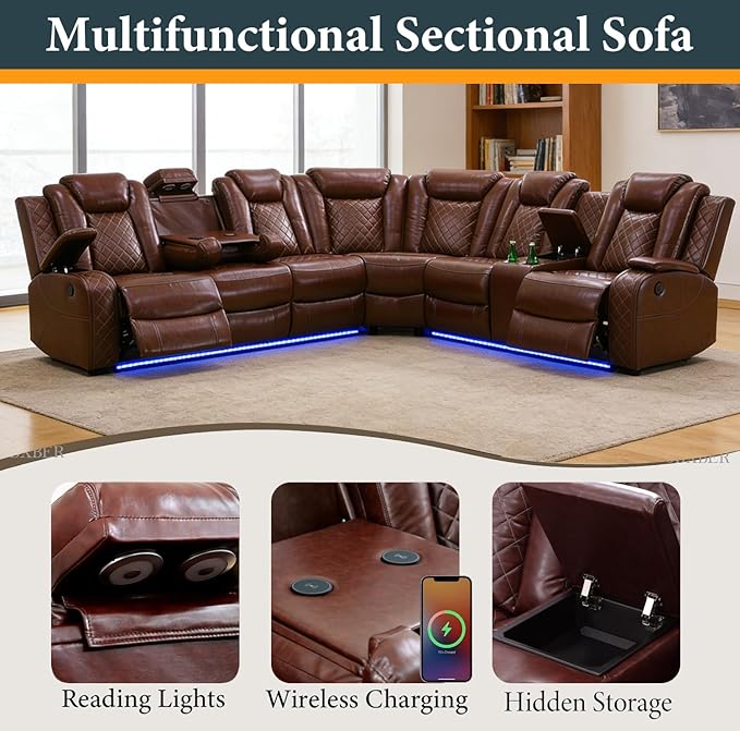 Power Recliner Sectional Sofa Set, Brown Leather Sectional Couch for Living Room, L Shape Reclining Sofa with Cup Holder, Hidden Storage, Coffee Table for House(6 Seat)