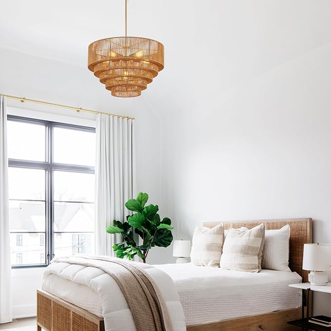 25.6" Boho Rattan Chandelier Light Fixture 6-Light Hand-Woven Bamboo Vintage Farmhouse Chandelier Drum Wicker Golden Chandeliers for Dining Room, Living Room, Kitchen Island, Bedroom, Foyer