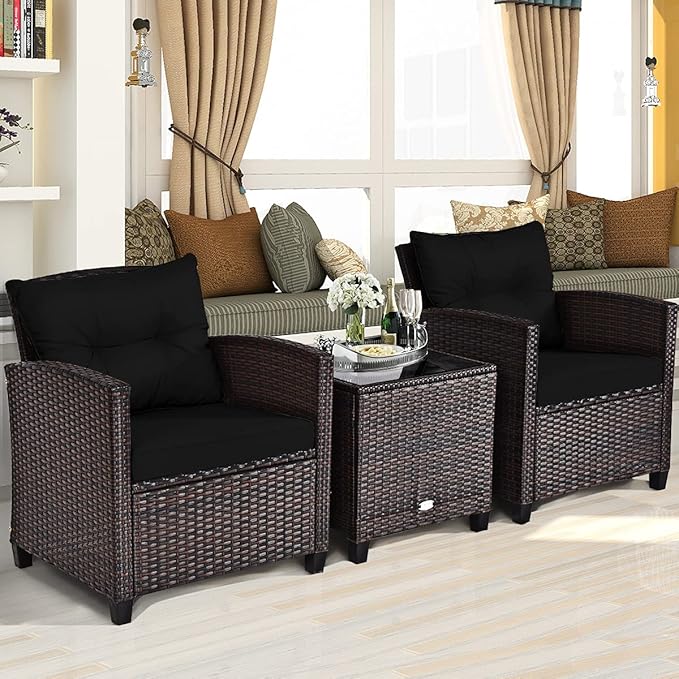 AUGESTER 3 PCS Patio Furniture Set, Outdoor PE Rattan Wicker Conversation Sofa Set w/Washable Cushion and Tempered Glass Tabletop, All Weather Chat Sofa for Garden Poolside Balcony Porch (Black)