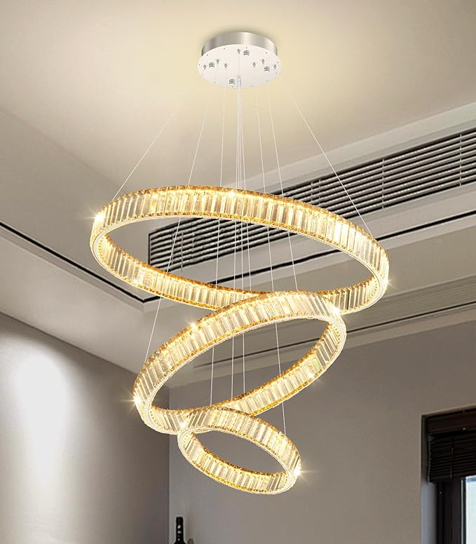 24''+16''+8'' Modern Ring Chandelier Crystal Chandeliers for Dining Room Round LED Dimmable Ceiling Light Fixture for Living Room Bedroom Lighting Silver