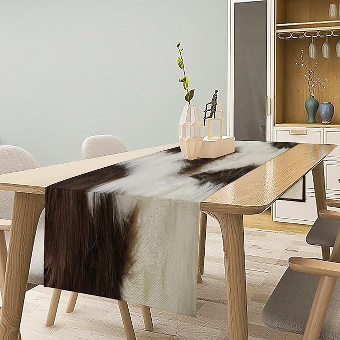 Cow Print Table Runner 3D Cow Fur Skin Brown Cowhide Country Farmhouse Wild Animal Theme Table Runner for Living Room Kitchen Dining Table Decoration 13x90in