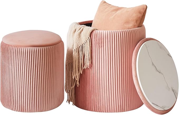 IBUYKE Round Ottoman with Storage Set of 2 Boucle Ottoman End Table for Living Room Vanity Stool Velvet Footrest Stool Bar Stool Pink UWBD005P