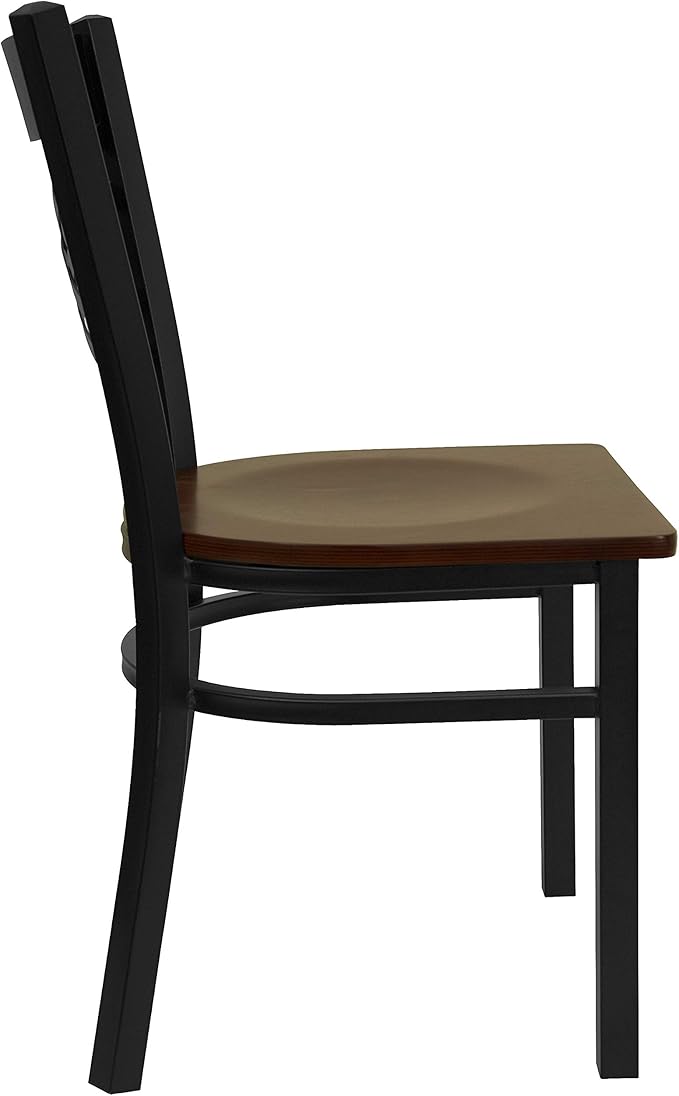 Flash Furniture HERCULES Series Black ''X'' Back Metal Restaurant Chair - Mahogany Wood Seat